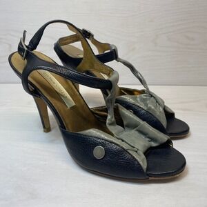 Cynthia Vincent Womens 8.5 Heel Slingback T-Strap Black Leather Gray Peep Toe